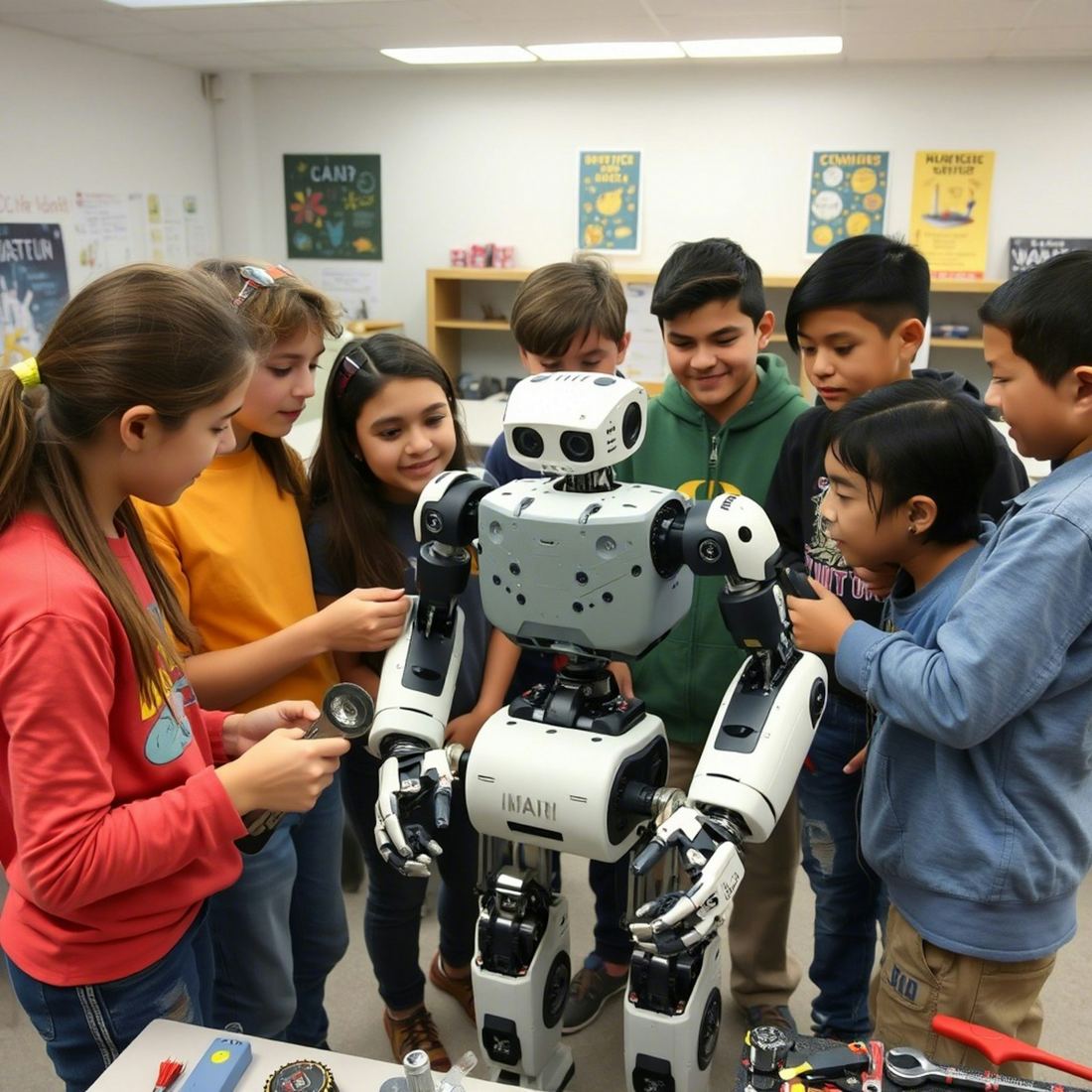 Crianças em volta de um robô numa sala de aula